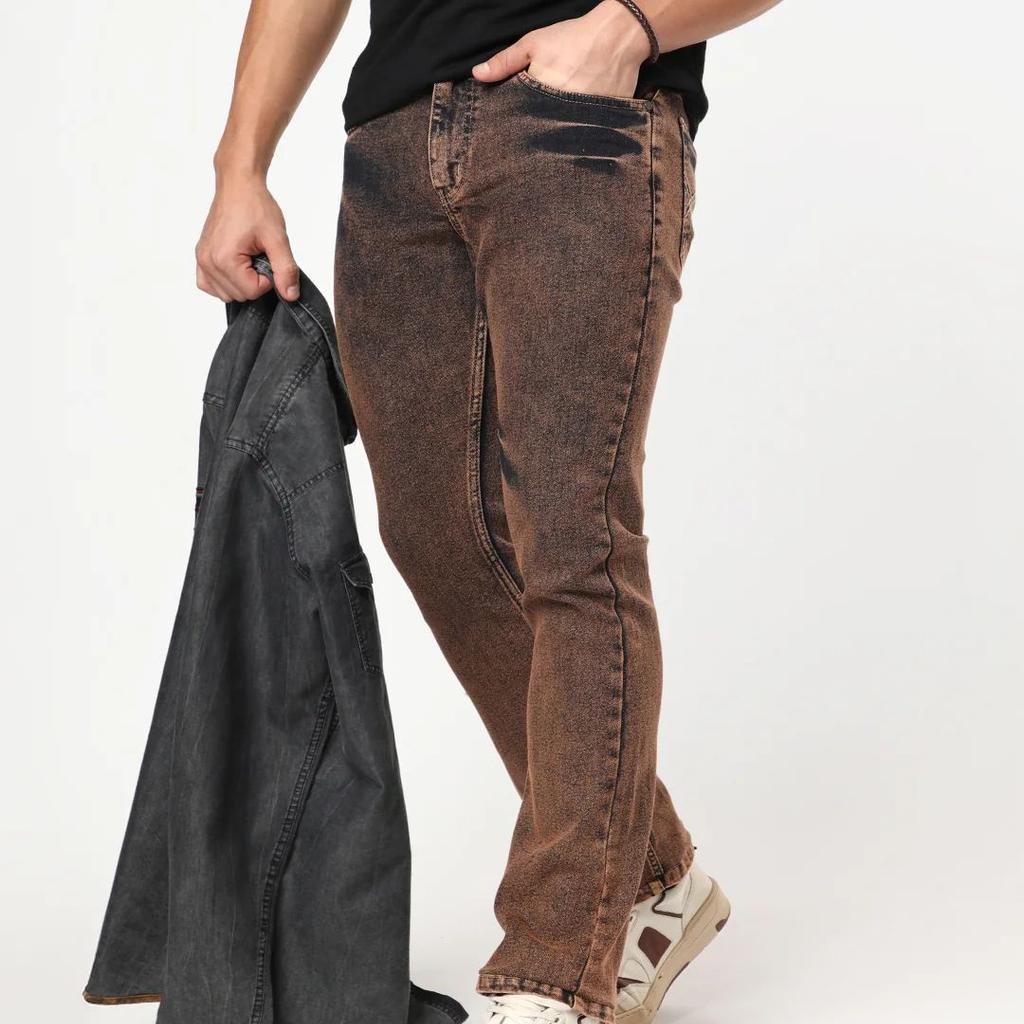 Men's Light Brown Bootcut Fit Mid Rise Acid Wash Jeans Stretchable
