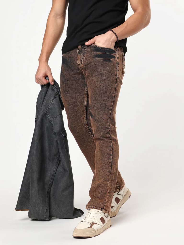Men's Light Brown Bootcut Fit Mid Rise Acid Wash Jeans Stretchable — 28 / Light Brown