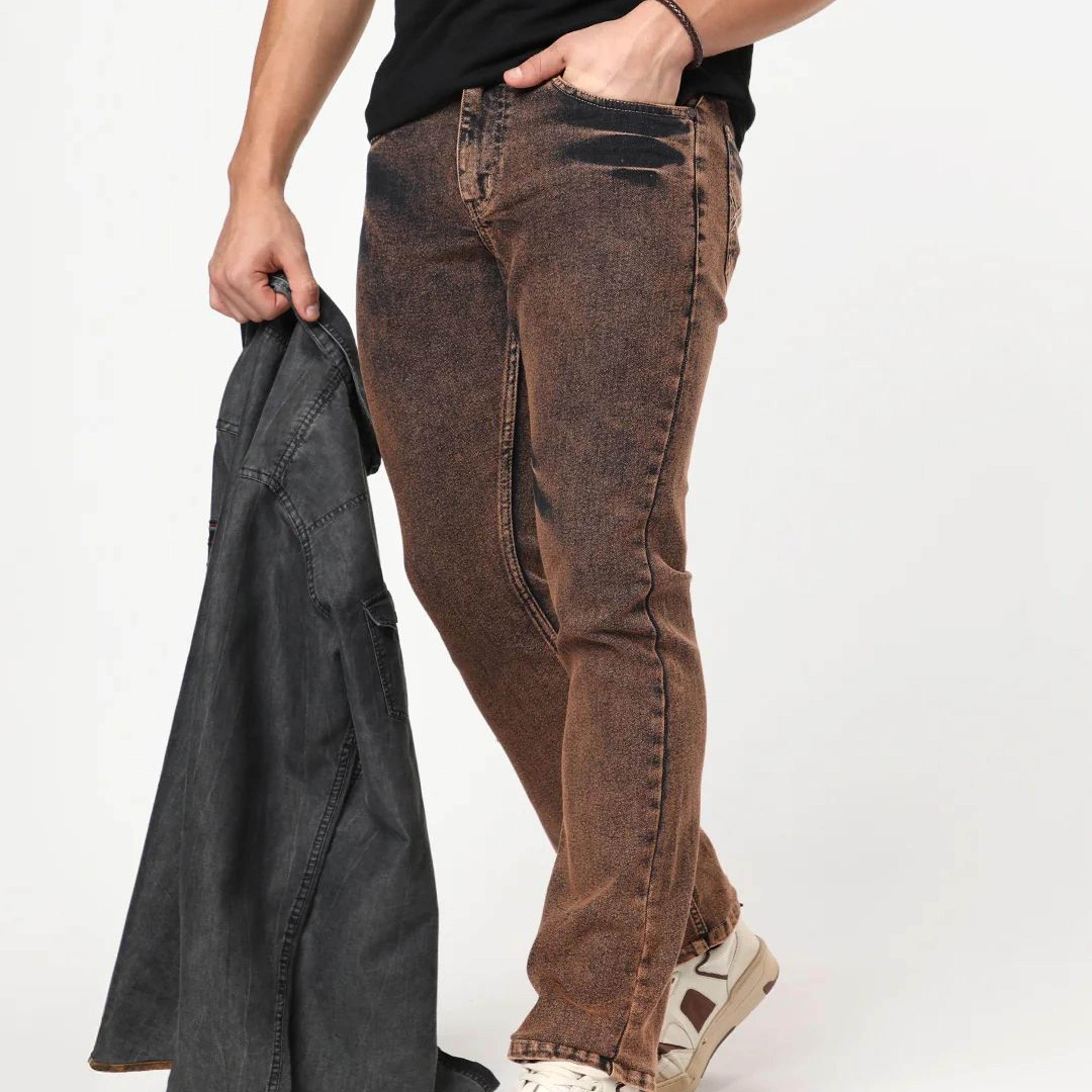 Men's Light Brown Bootcut Fit Mid Rise Acid Wash Jeans Stretchable