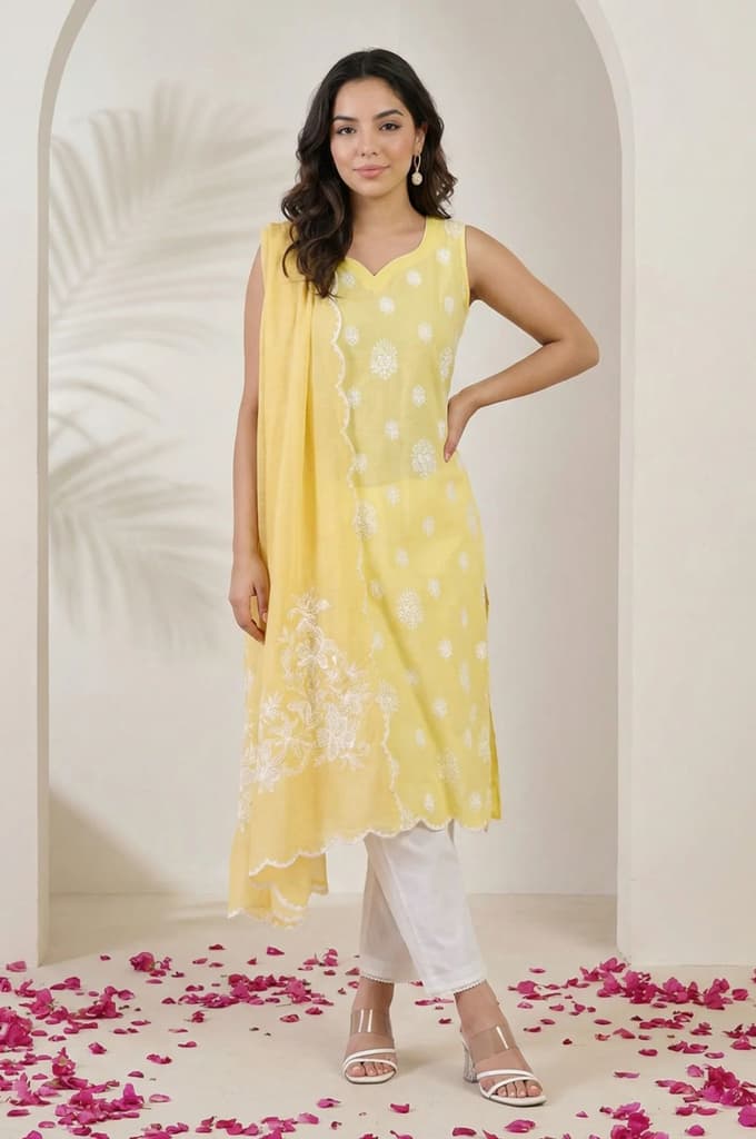 Yellow Cut Work Floral Printed Damini Dupatta — photo 4