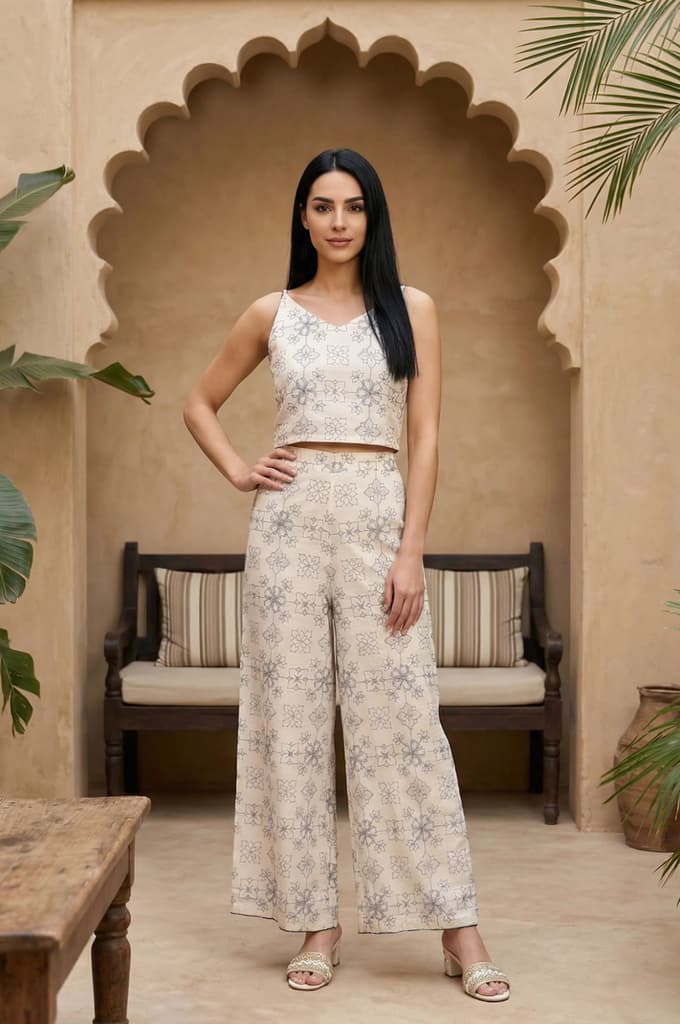 Off White Floral Printed Buttons Straight Top with Pants and Jacket Set — photo 2