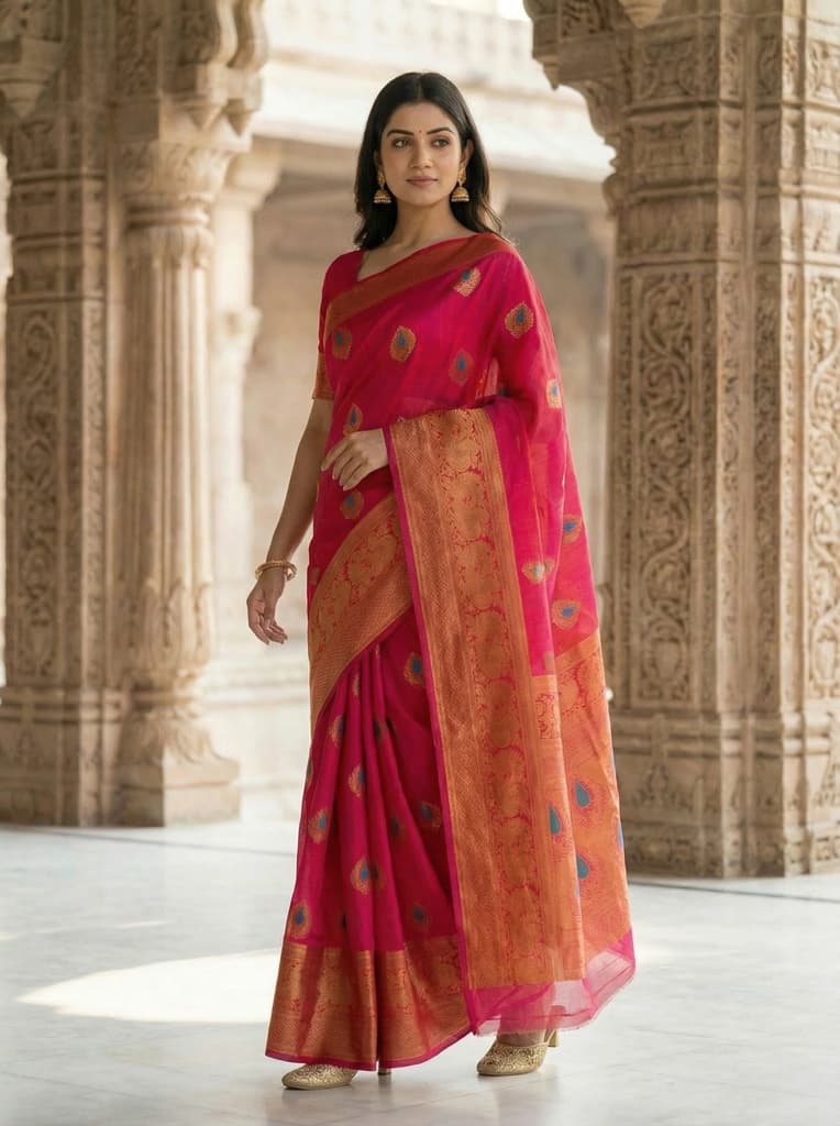MIMOSA Women's Woven Design Banarasi Style dola silk Saree with Blouse Piece - Rani ( SA00003137RNFREE ) — photo 2