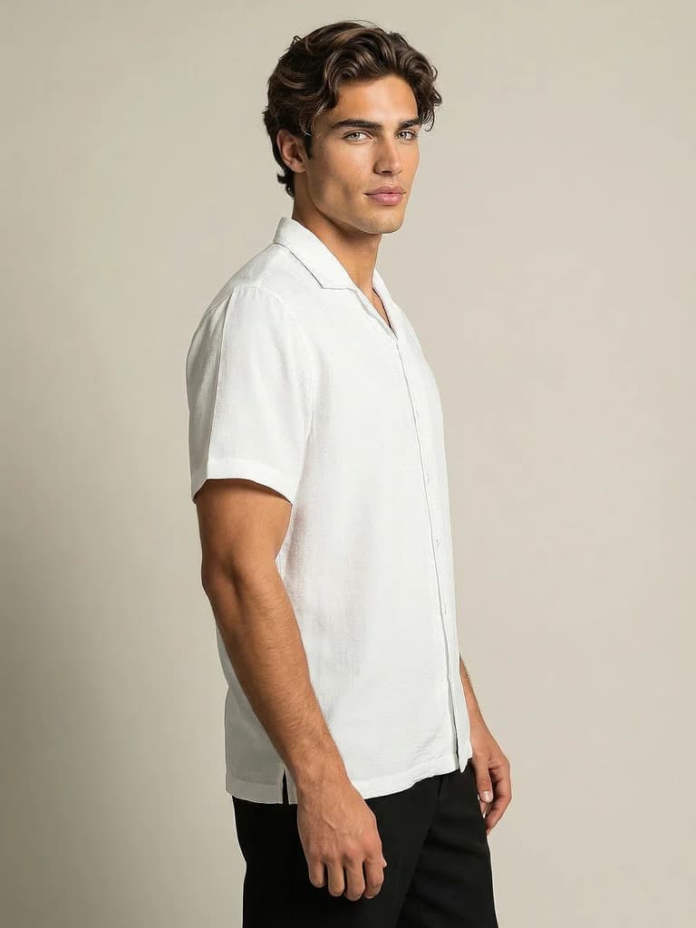 Men's White Cotton Half Sleeve Relaxed Fit Textured Shirt with Cuban Collar — photo 2