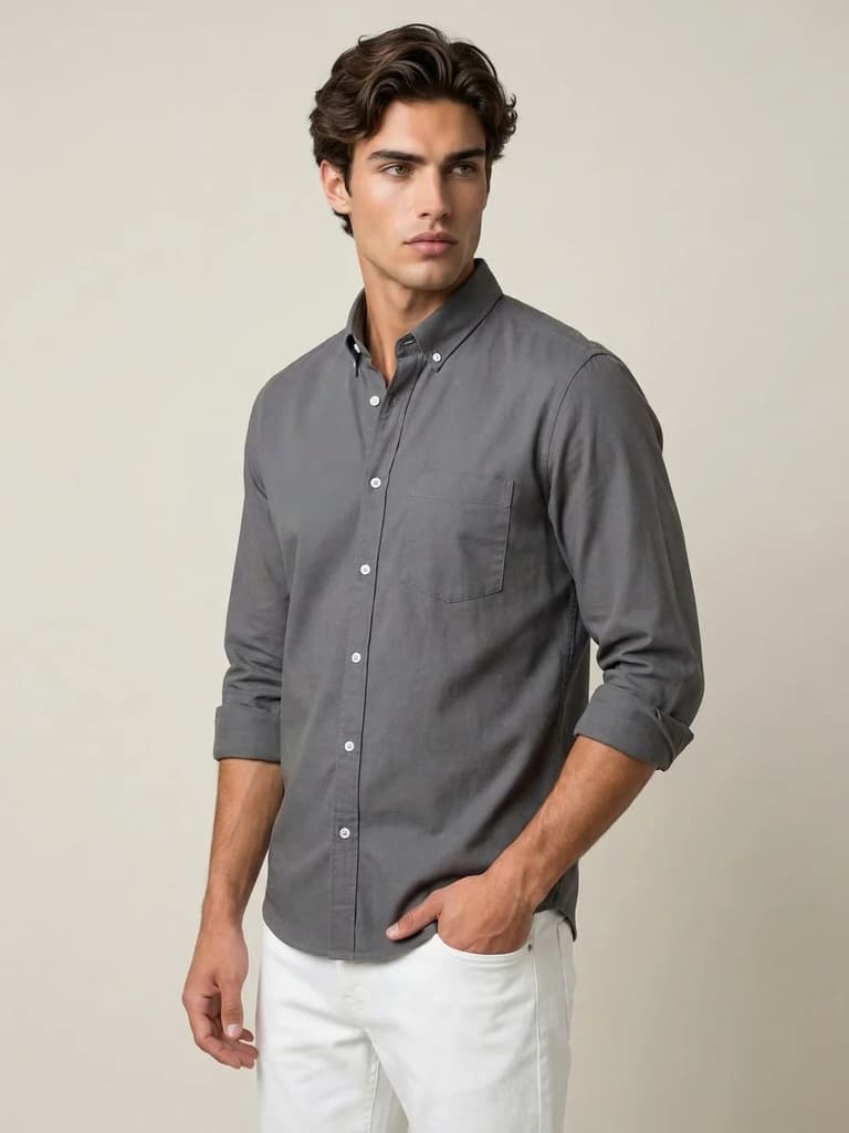 Men's Grey Cotton Full Sleeve Regular Fit Solid Oxford Shirt With Button-Down Collar — photo 2