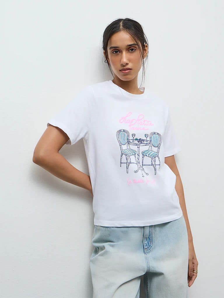 LOV White Graphic Printed Cotton T-Shirt — photo 2