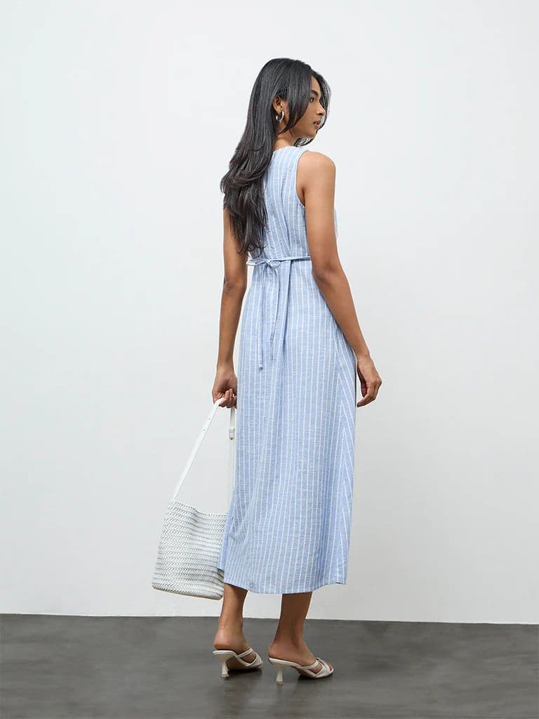 LOV Light Blue Striped Lace-Detailed Cotton A-Line Dress — photo 4