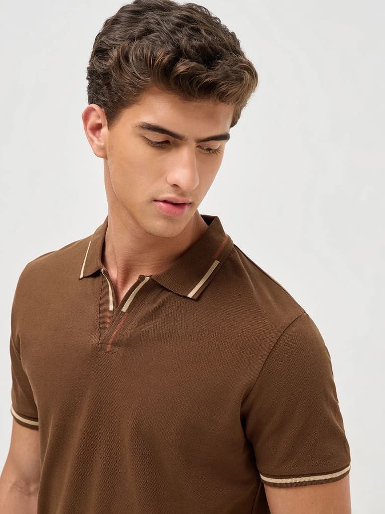 Men's Dark Brown Solid Regular Fit Half Sleeve Cotton Polo T-Shirt — photo 5