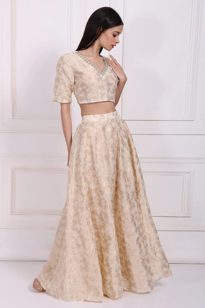 Cream Embellished Maxi Jacquard Blouse with Skirt and Dupatta Set — photo 7