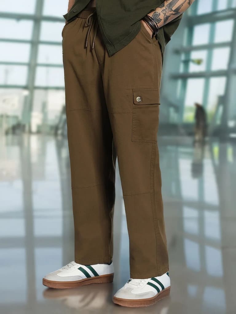 Men's Brown Loose Baggy Fit Cargo Jogger Chino Pant with 6 Pockets Stretchable — 28 / Brown