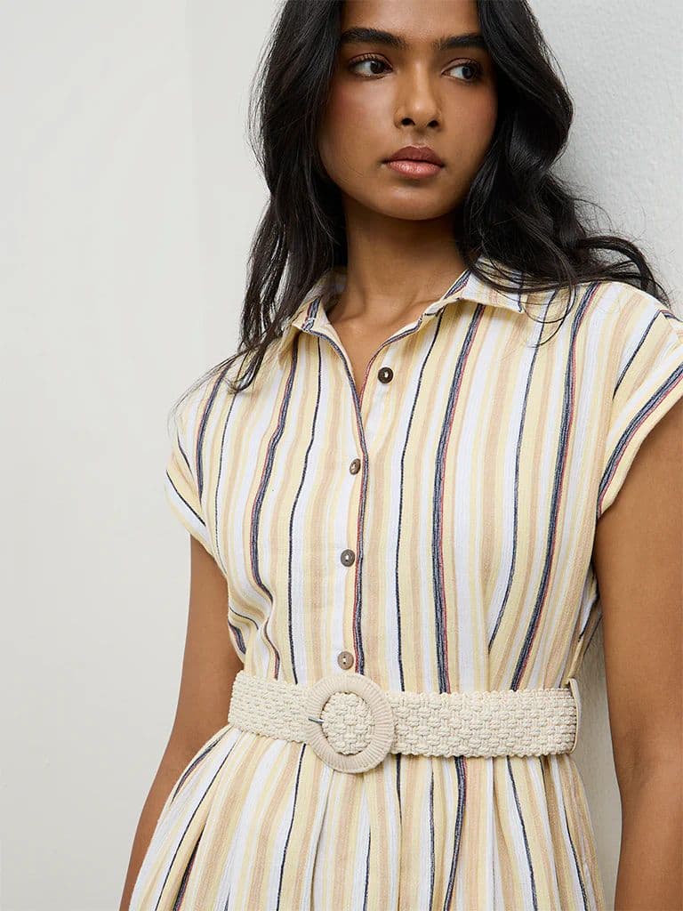 LOV Light Yellow Striped Linen-Blend A-Line Dress — photo 3