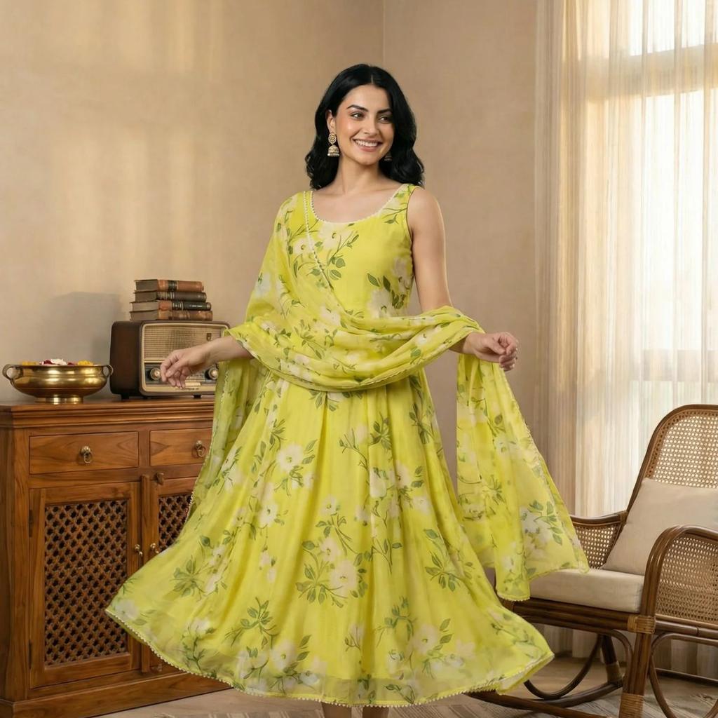 Lime Yellow Floral Printed Organza Flared Dress with Dupatta Set