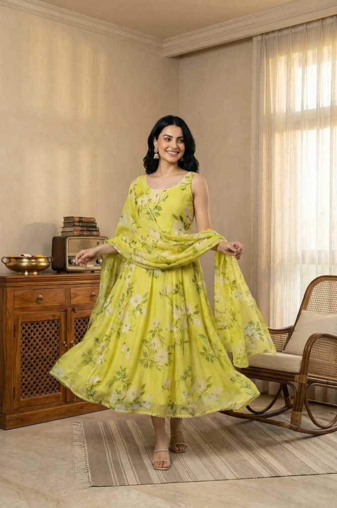 Lime Yellow Floral Printed Organza Flared Dress with Dupatta Set