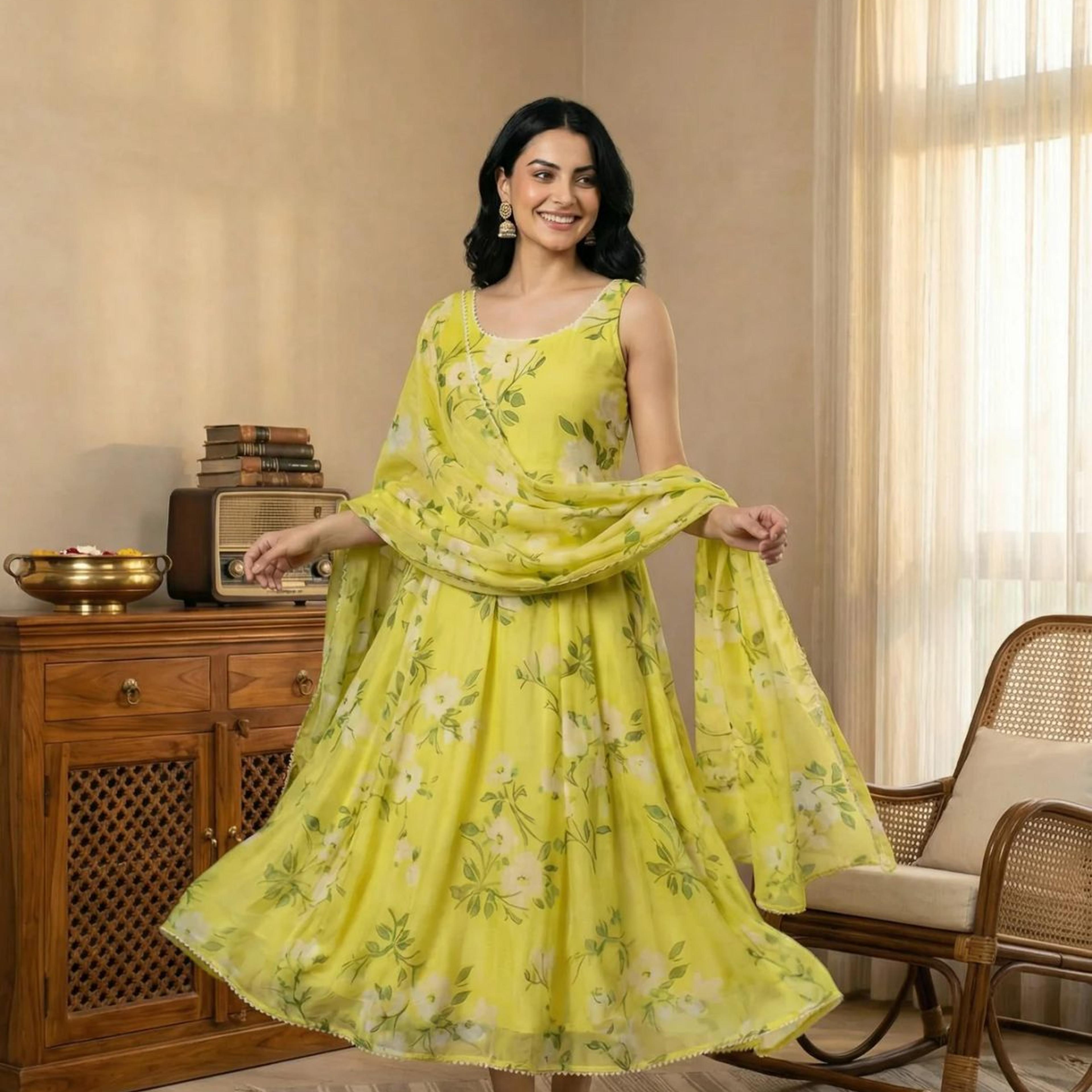 Lime Yellow Floral Printed Organza Flared Dress with Dupatta Set