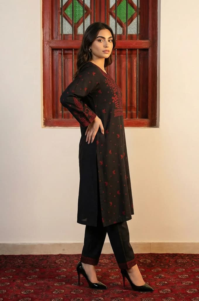 Black Floral Printed Jacquard Straight Kurta with Pants and Dupatta Set — photo 5
