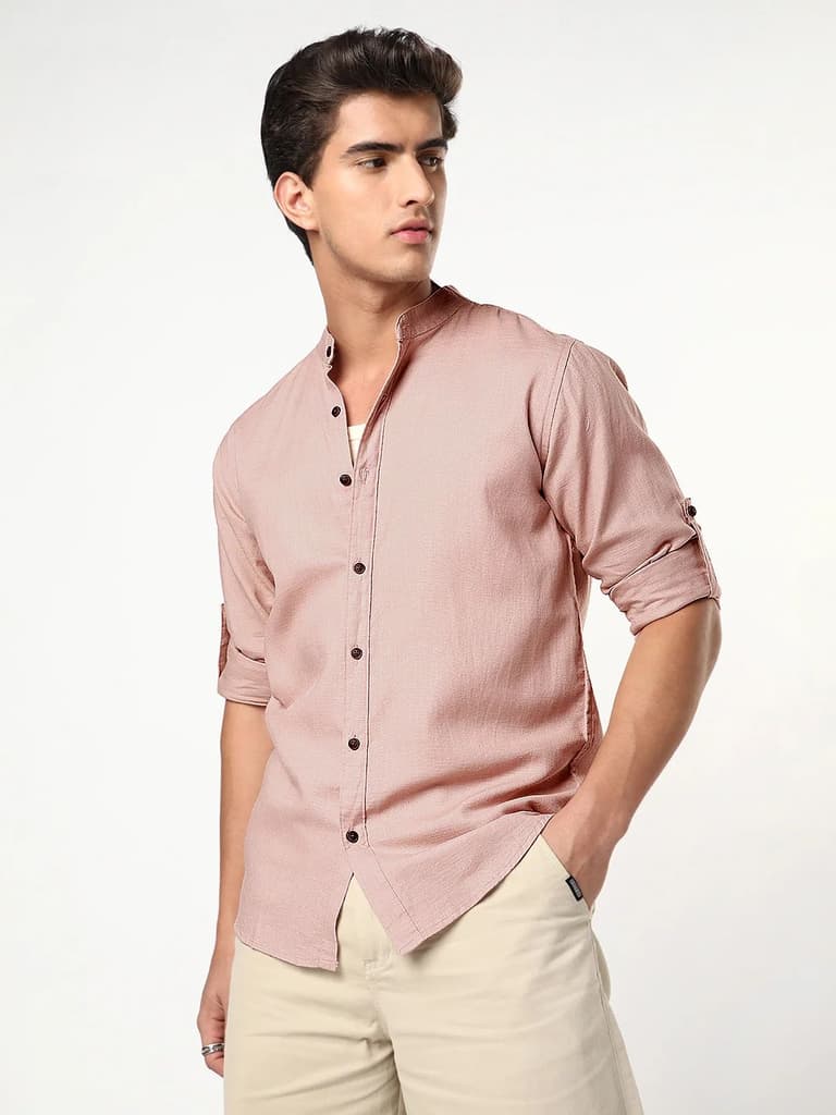 Men's Dusty Pink Linen Blend Full Sleeve Relaxed Fit Mandarin Collar Casual Solid Shirt — photo 2