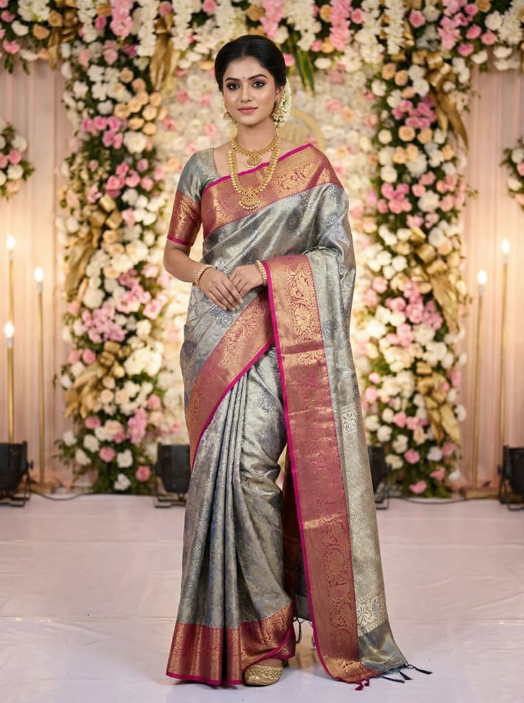 MIMOSA Women's Woven Design Kanjivaram Style Art Silk Saree with Blouse Piece - Navy Blue (SA00002476NVFREE) — photo 3