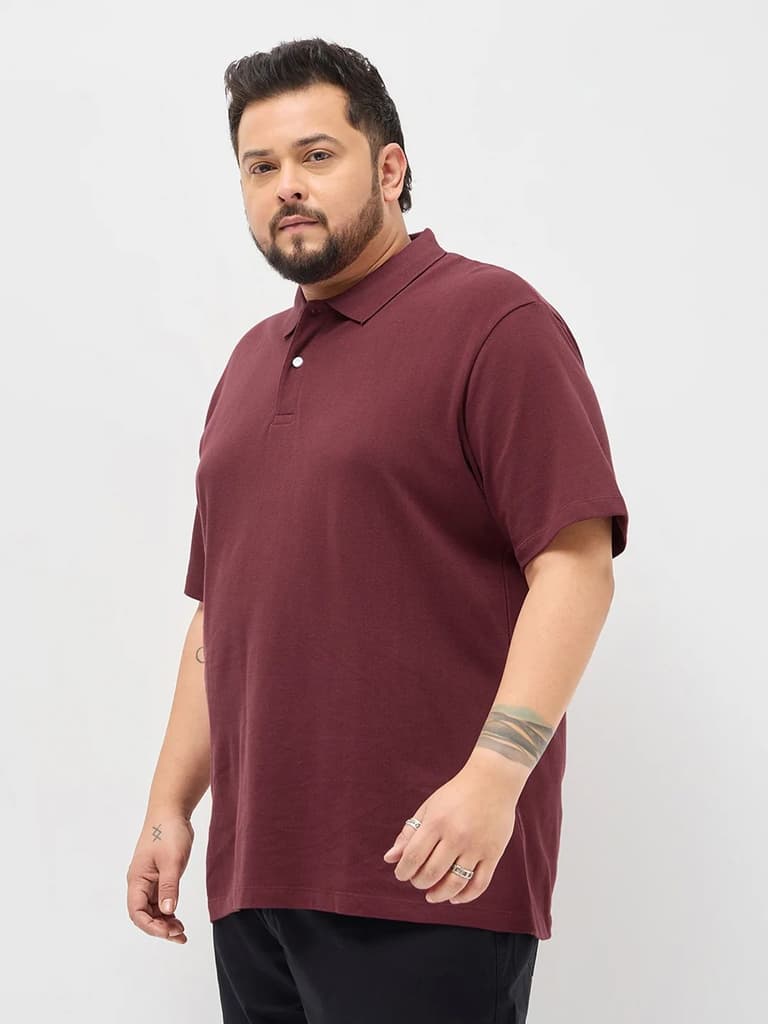 Plus Men's Maroon Solid Regular Fit Half Sleeve Cotton Polo T-Shirt — photo 2