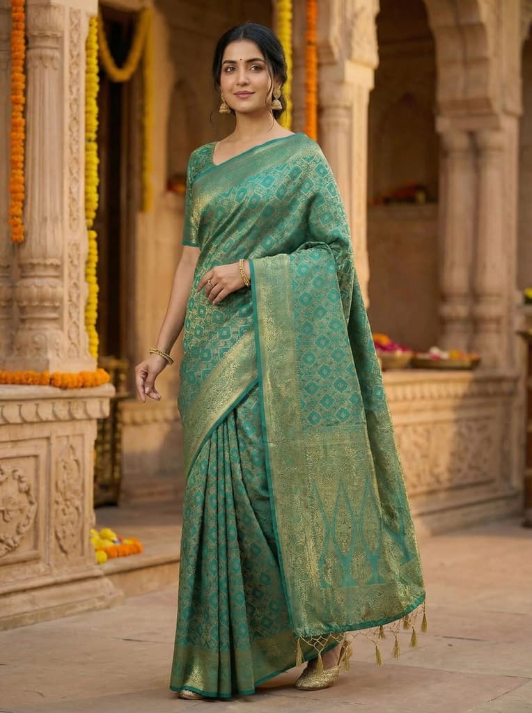 MIMOSA Women's Woven Design Banarasi Style Raw Silk Saree with Blouse Piece - Rama ( SA00003131RMFREE ) — photo 2