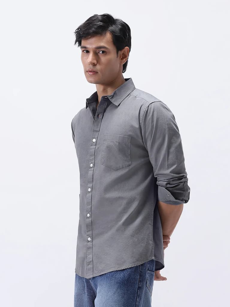 Men's Grey Cotton Full Sleeve Regular Fit Casual Solid Slub Shirt with Spread Collar — photo 2