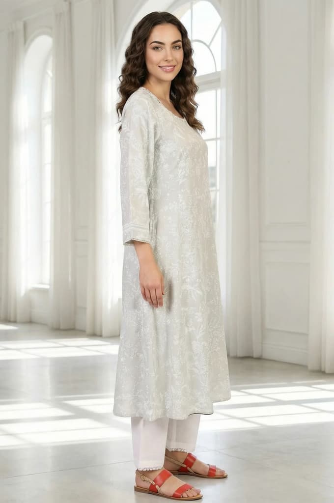 Grey Floral Printed Pure Cotton A-line Kurta with Lace — photo 5