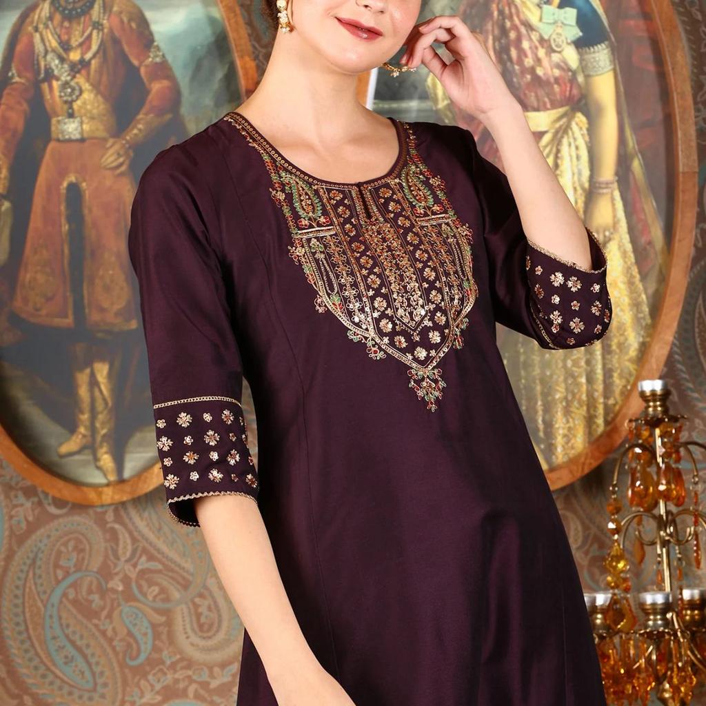 Wine Embroidered A-Line Silk Blend Kurta with Straight Pant and Dupatta Set