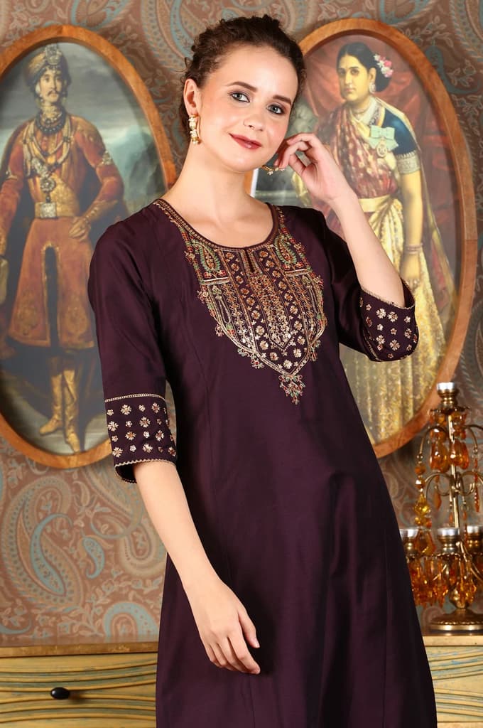 Wine Embroidered A-Line Silk Blend Kurta with Straight Pant and Dupatta Set — XS