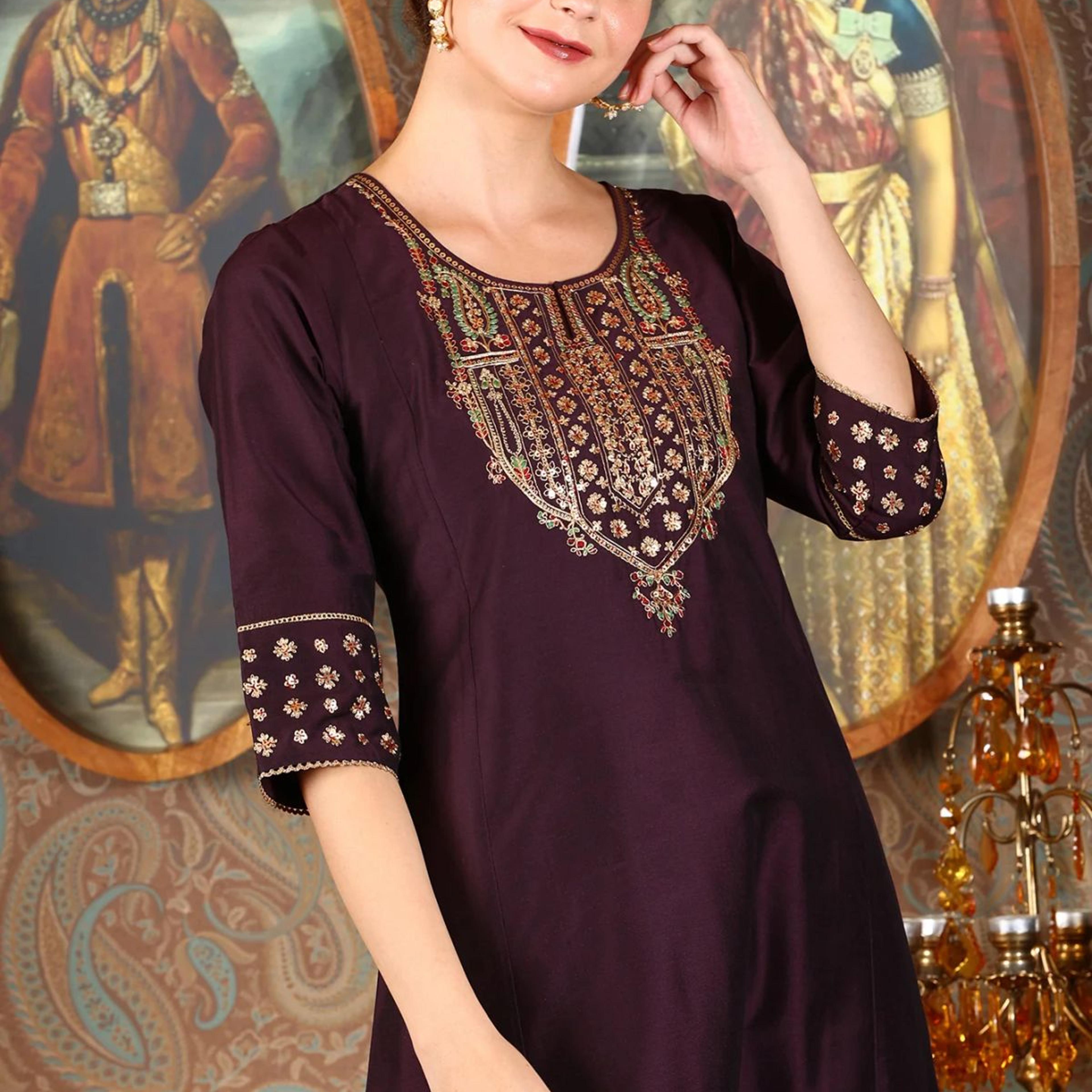 Wine Embroidered A-Line Silk Blend Kurta with Straight Pant and Dupatta Set