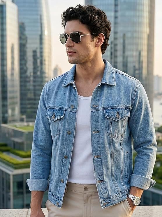 Men's Light Blue Solid Regular Fit Washed Full Sleeve Denim Jacket — S / Light Blue