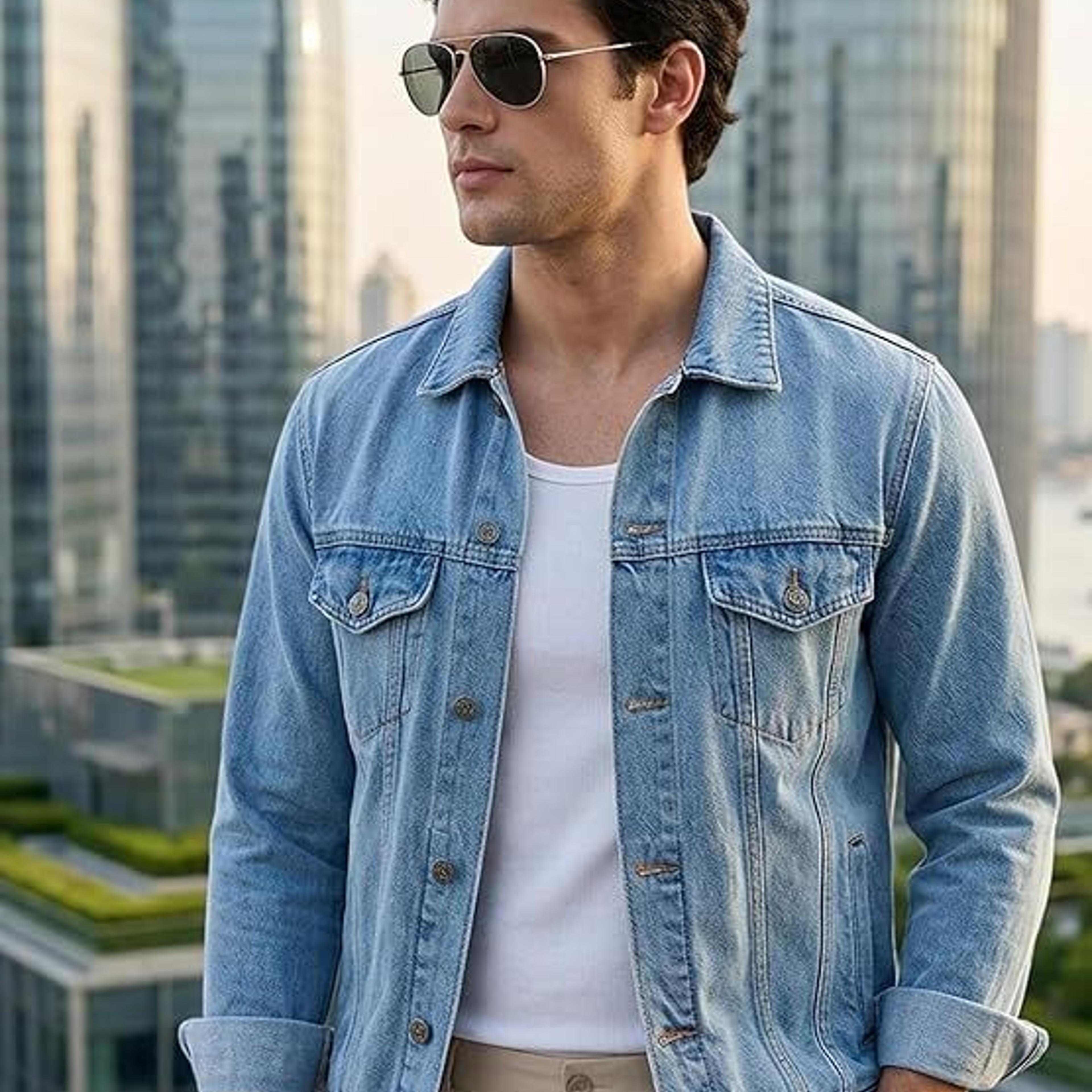 Men's Light Blue Solid Regular Fit Washed Full Sleeve Denim Jacket