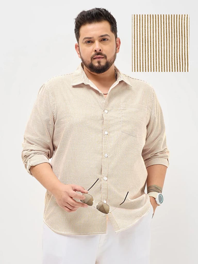 Plus Men's Pumpkin Spice Cotton Full Sleeve Regular Fit Casual Striped Shirt