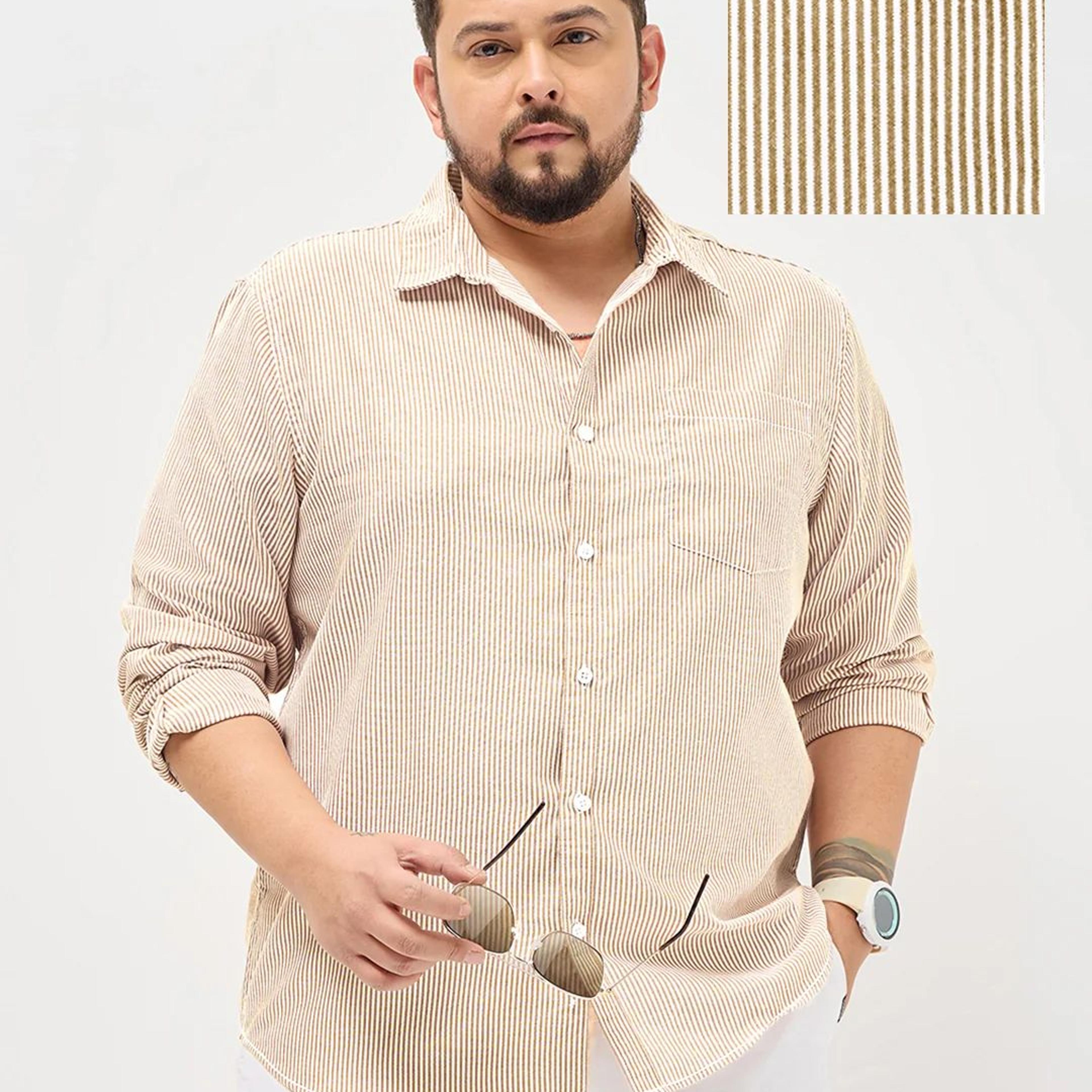 Plus Men's Pumpkin Spice Cotton Full Sleeve Regular Fit Casual Striped Shirt