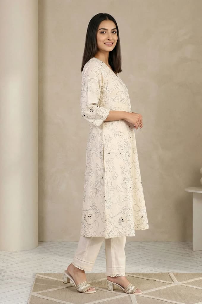 Off White Floral Printed Thread Work Pure Cotton Straight Kurta with Pants Set — photo 5