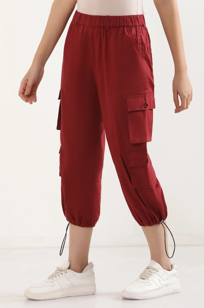 Red Solid Straight Fit Cotton Pants With Drawstring — photo 3