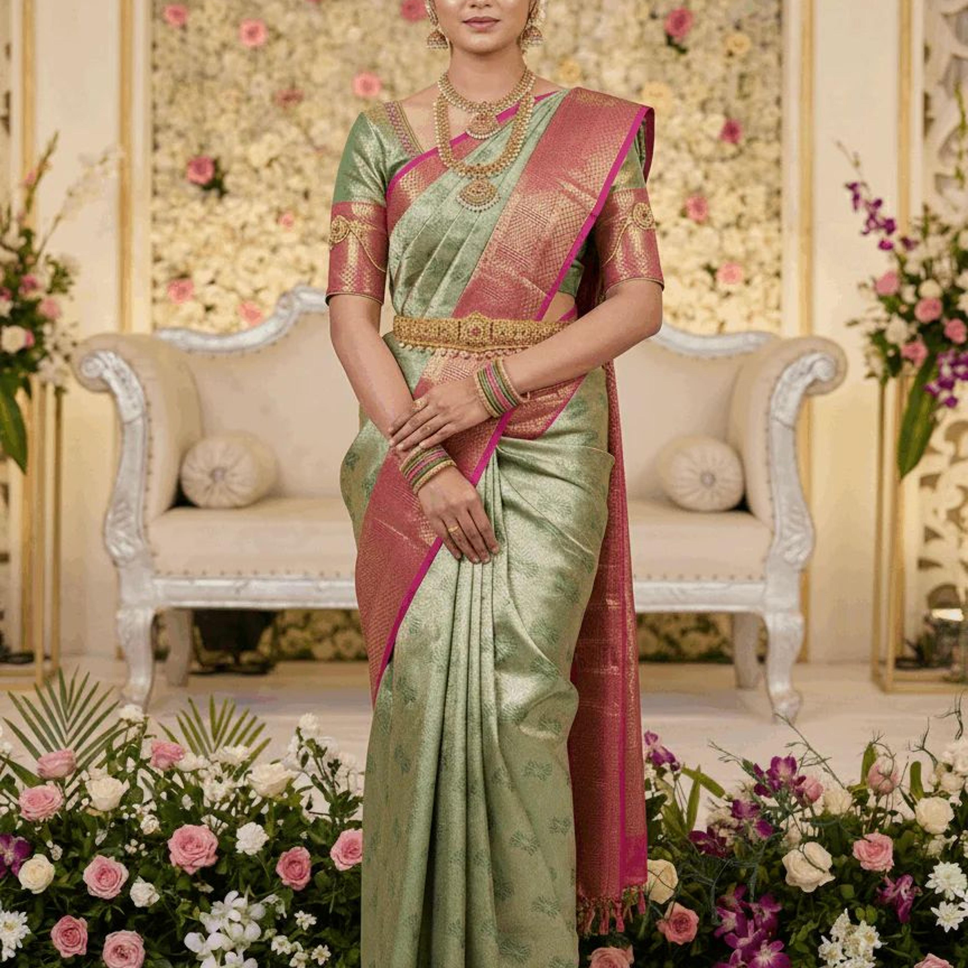 MIMOSA Women's Woven Design Kanjivaram Style Art Silk Saree with Blouse Piece - Green (SA00002804GRNFREE)