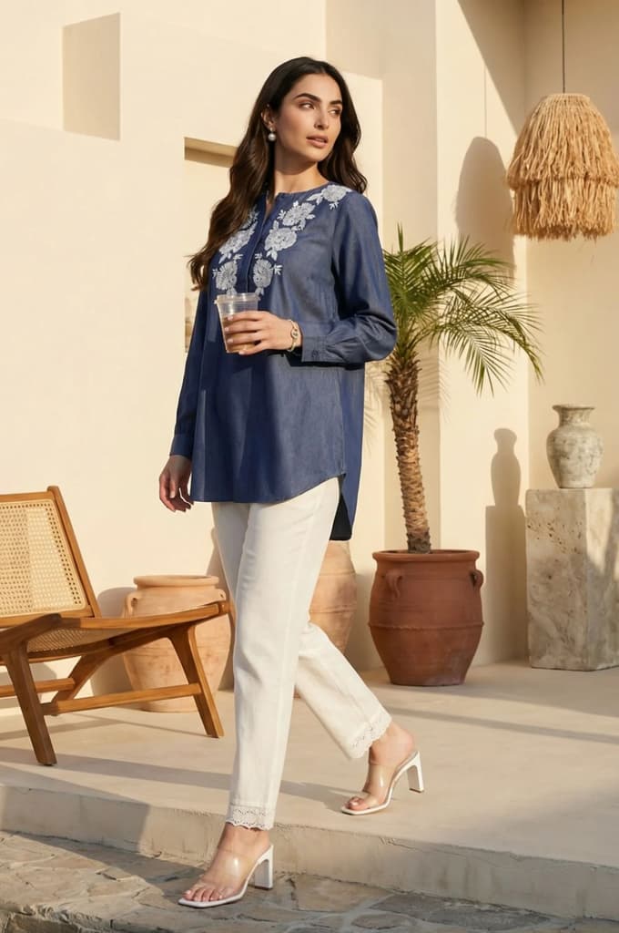 Blue Yarn Dyed Embroidered Tencel Straight Tunic — photo 2