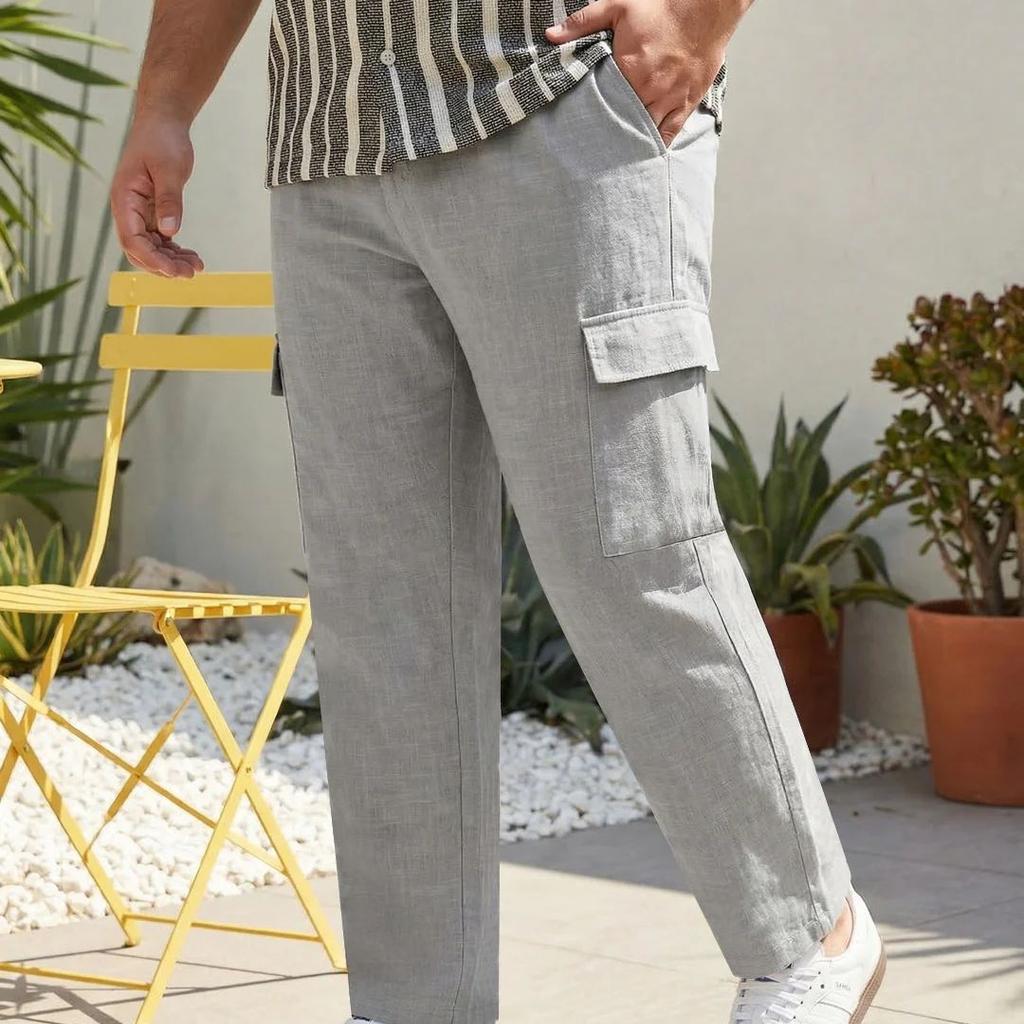 Plus Men's Light Grey Straight Fit Linen Cargo Pants with 6 Pockets