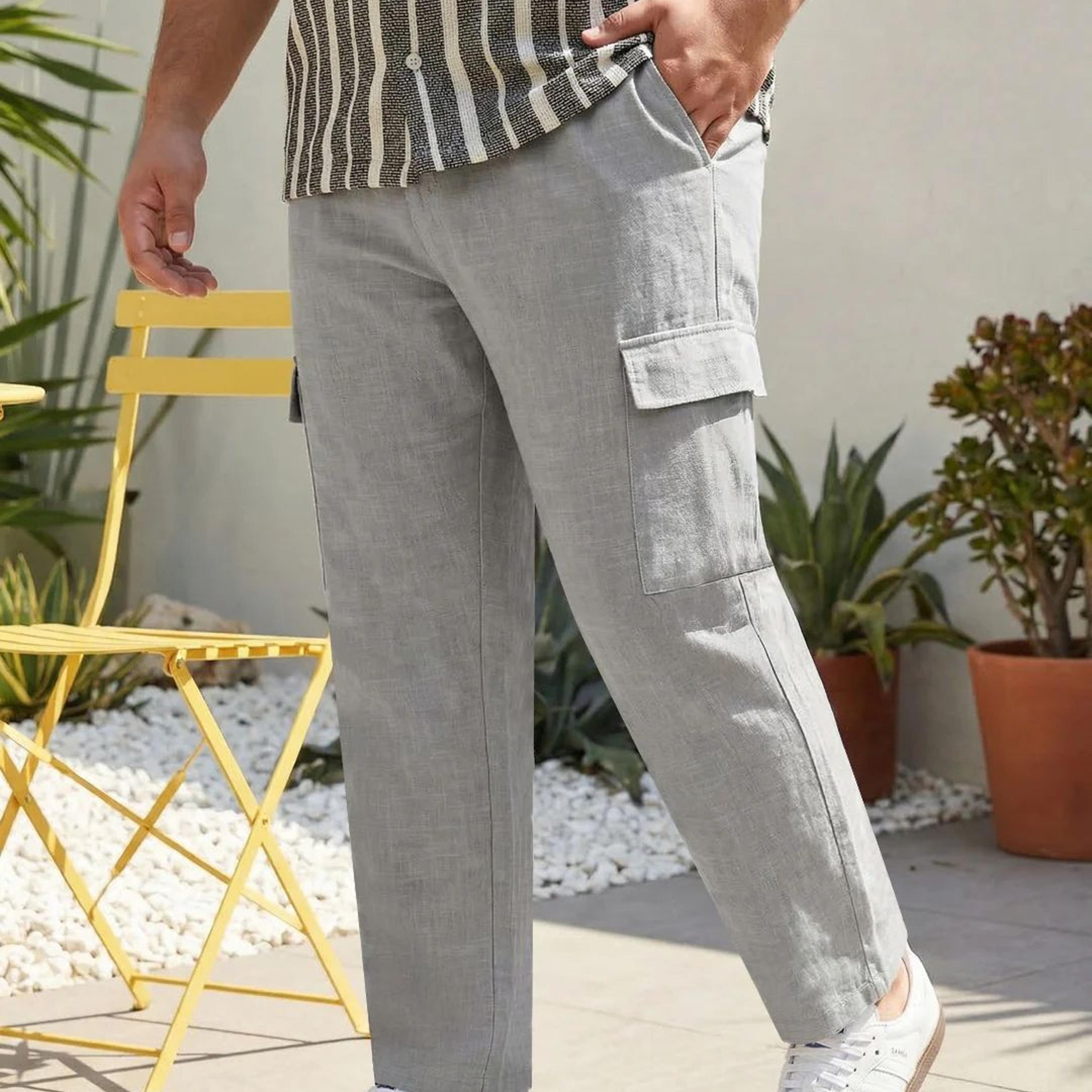 Plus Men's Light Grey Straight Fit Linen Cargo Pants with 6 Pockets