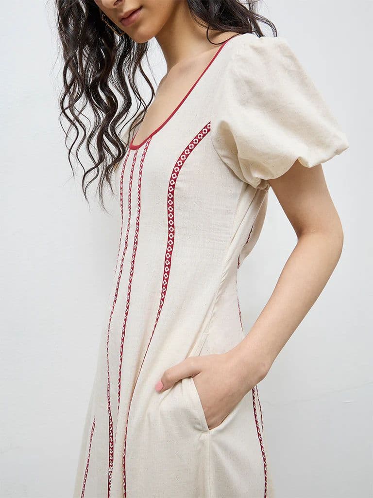 Bombay Paisley Off-White Striped Cotton-Blend A-Line Dress — photo 3