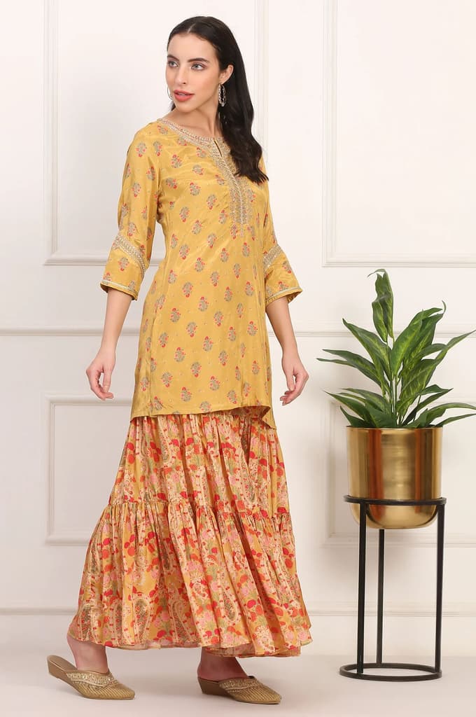 Yellow Embroidered Straight Shantung Kurta with Sharara and Dupatta Set — photo 6