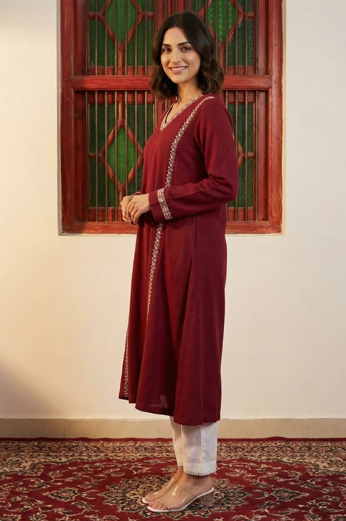 Maroon Embroidered Thread Work Acrylic A-line Kurta — photo 3