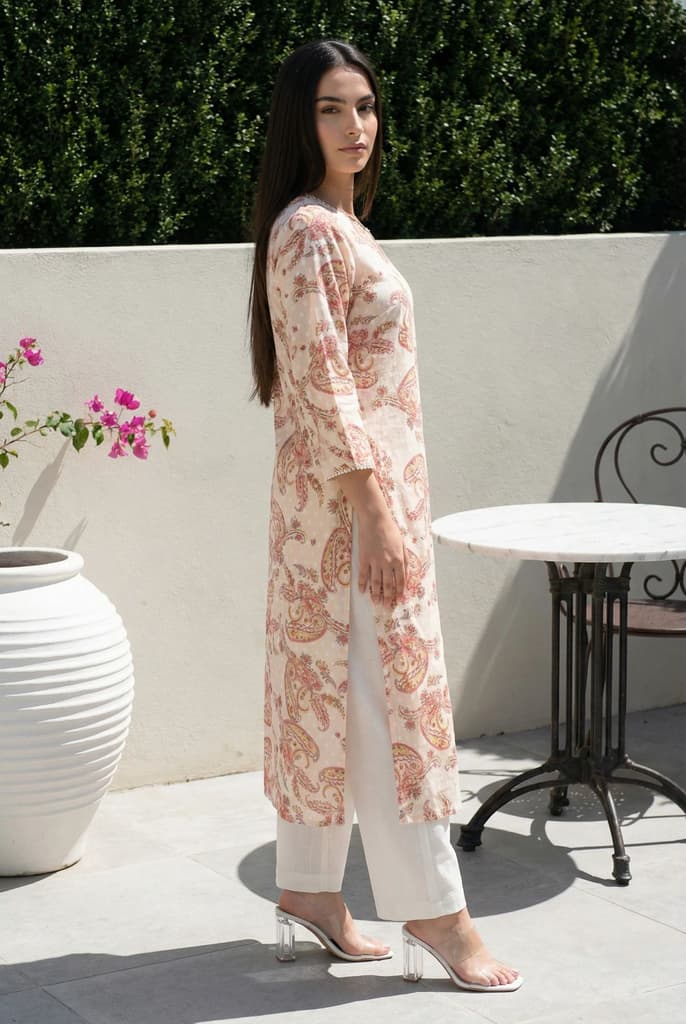 Beige Paisley Printed Pure Cotton Straight Kurta with Lace — photo 3