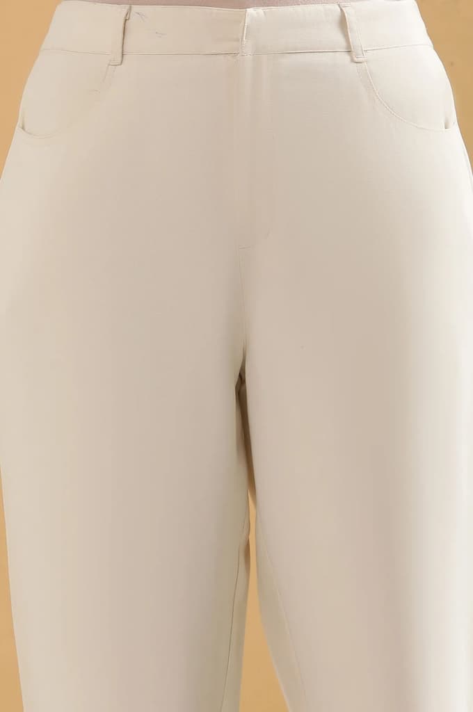 Cream Solid Tapered Rayon Trouser — photo 6