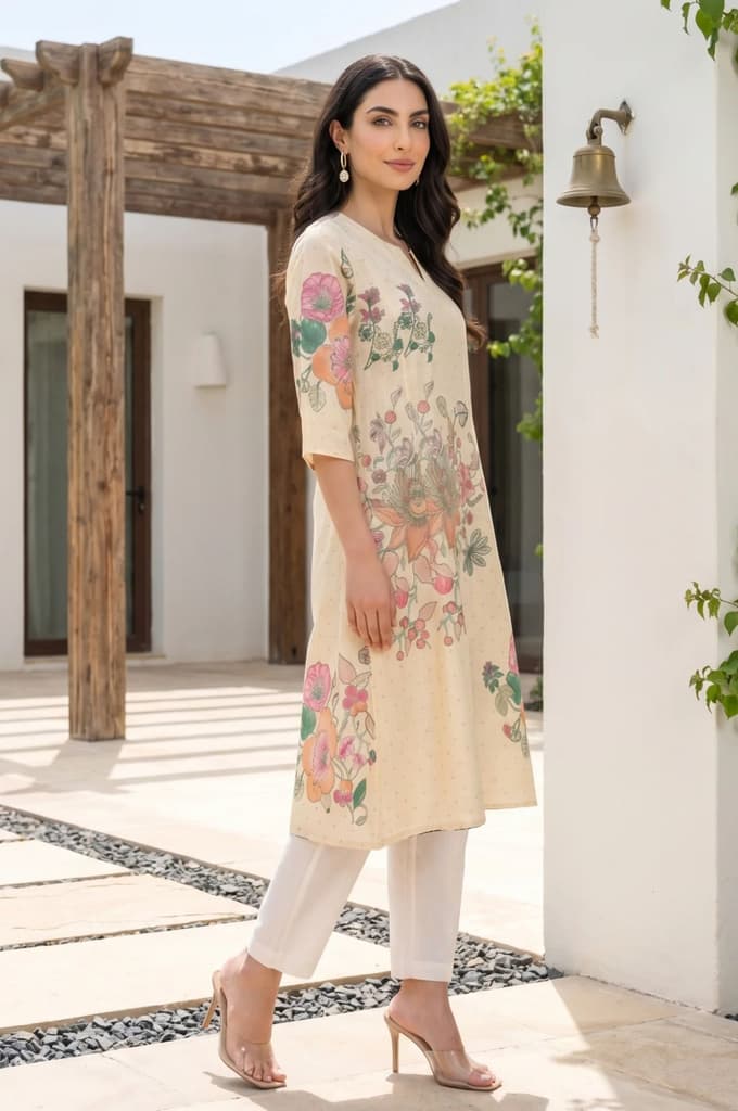 Beige Floral Printed Pure Cotton Straight Kurta — photo 6