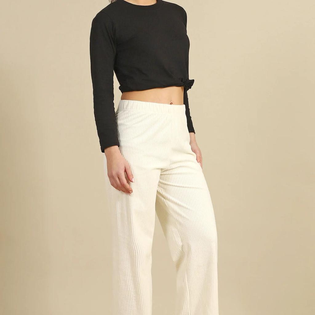 Cream Solid Straight Fit Cotton Pants
