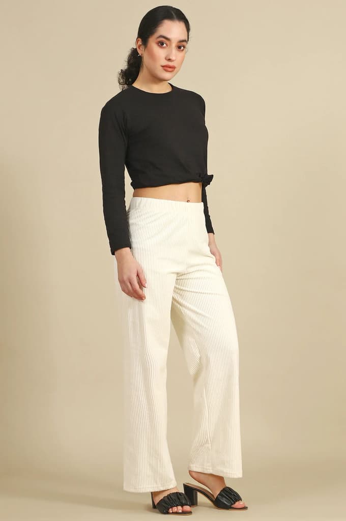 Cream Solid Straight Fit Cotton Pants