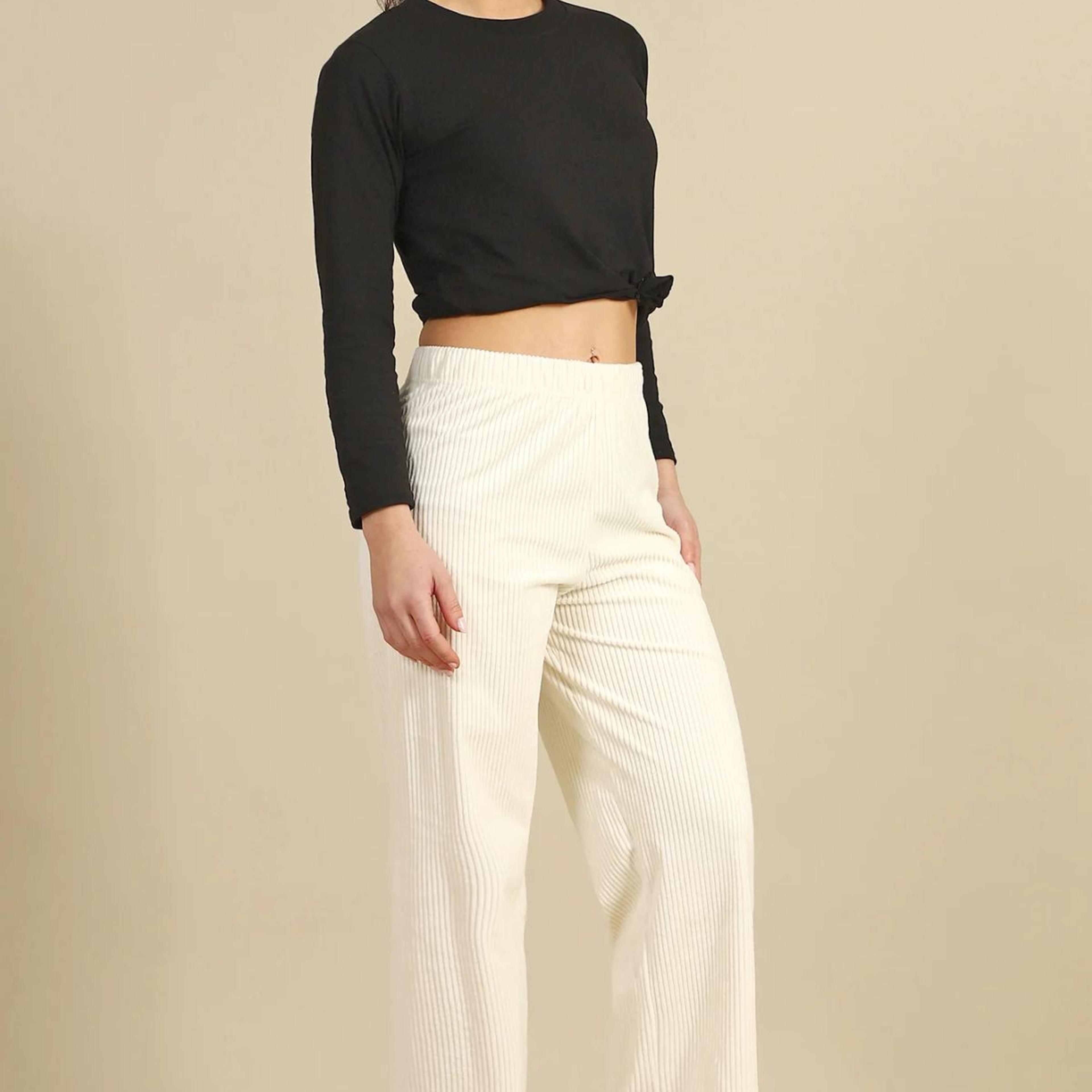 Cream Solid Straight Fit Cotton Pants