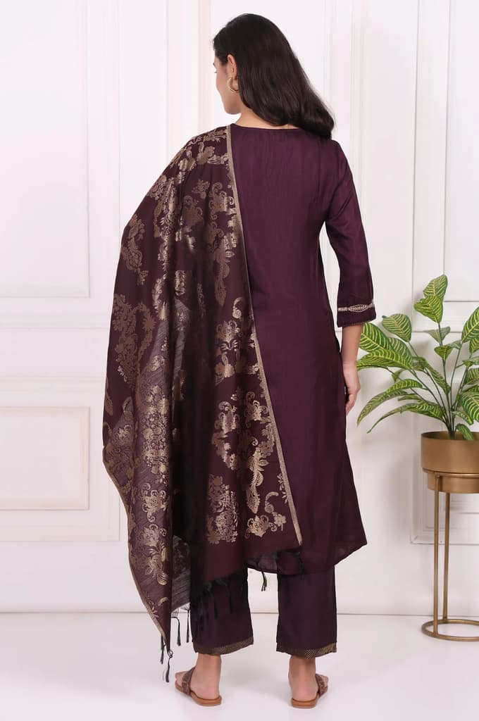 Maroon Embroidered Silk Straight Kurta, Pants and Dupatta Set — photo 5