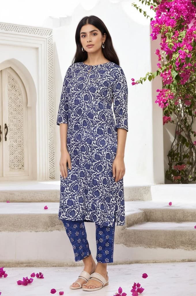 Blue Floral Printed Straight Kurta with Straight Pant and Dupatta Set — photo 6