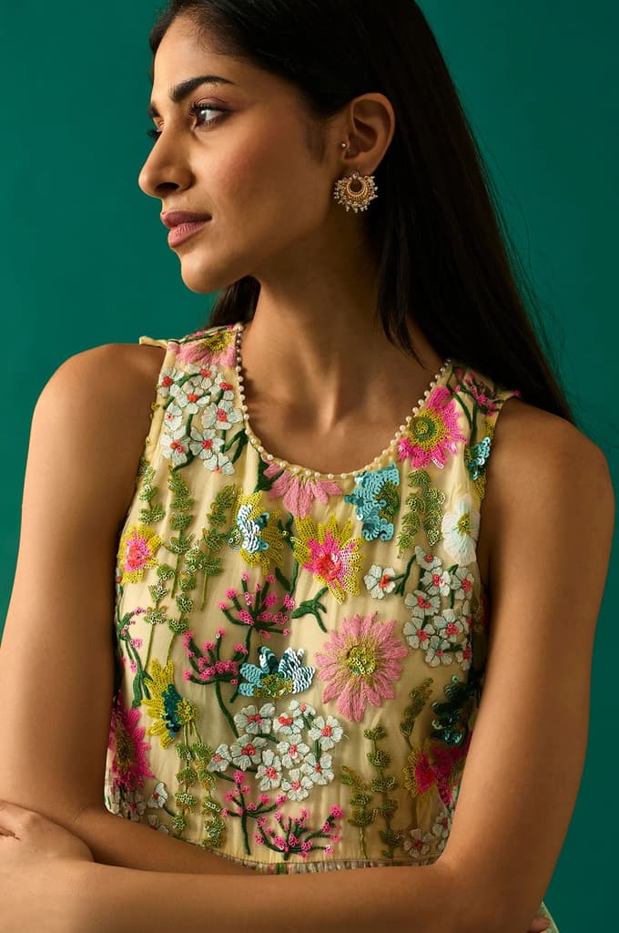 Yellow Embroidered Fit & Flare Georgette Dress — photo 2