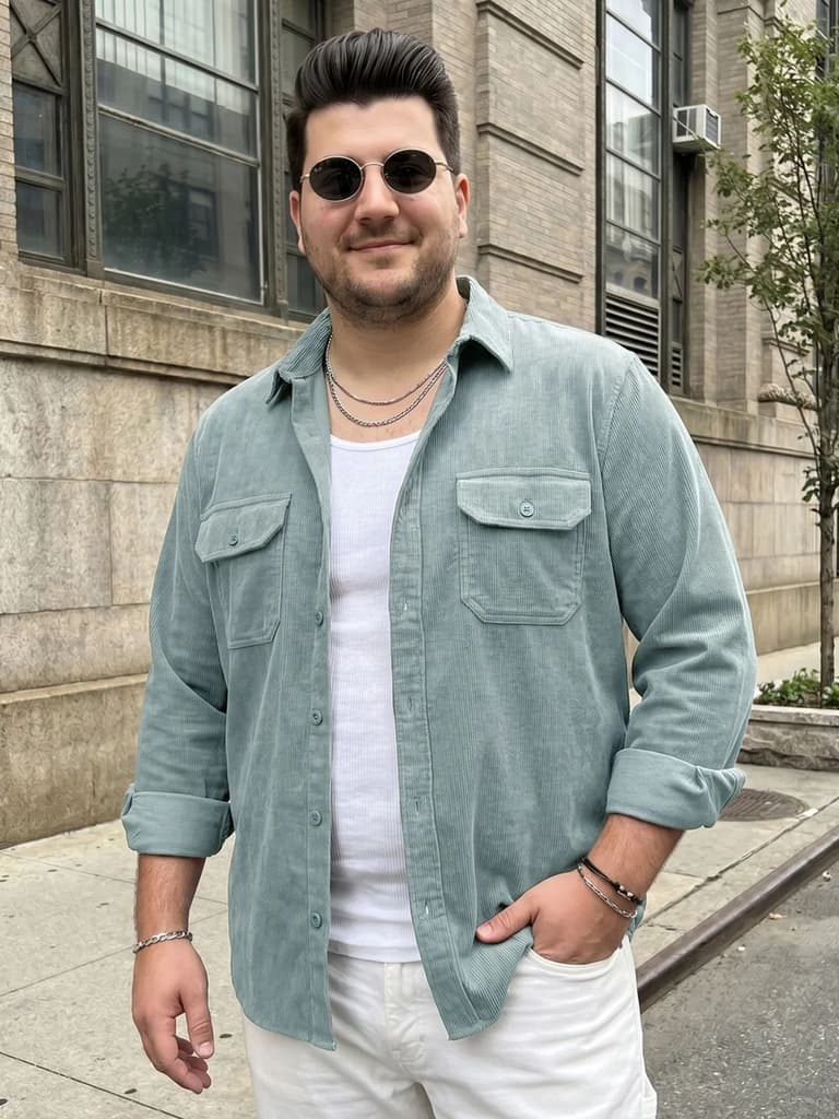 Plus Men's Light Blue Corduroy Full Sleeve Regular Fit Solid Overshirt with Utility Pockets — XXL / Light Blue